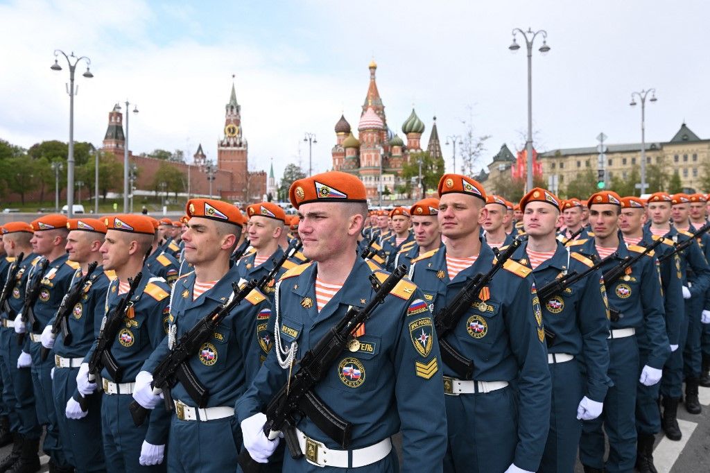 Russian Emergency Ministry cadets leave the Red Square after the Victory Day military parade in Moscow on May 9, 2024. Russia celebrates the 79th anniversary of the victory over Nazi Germany in World War II. (Photo by NATALIA KOLESNIKOVA / AFP)